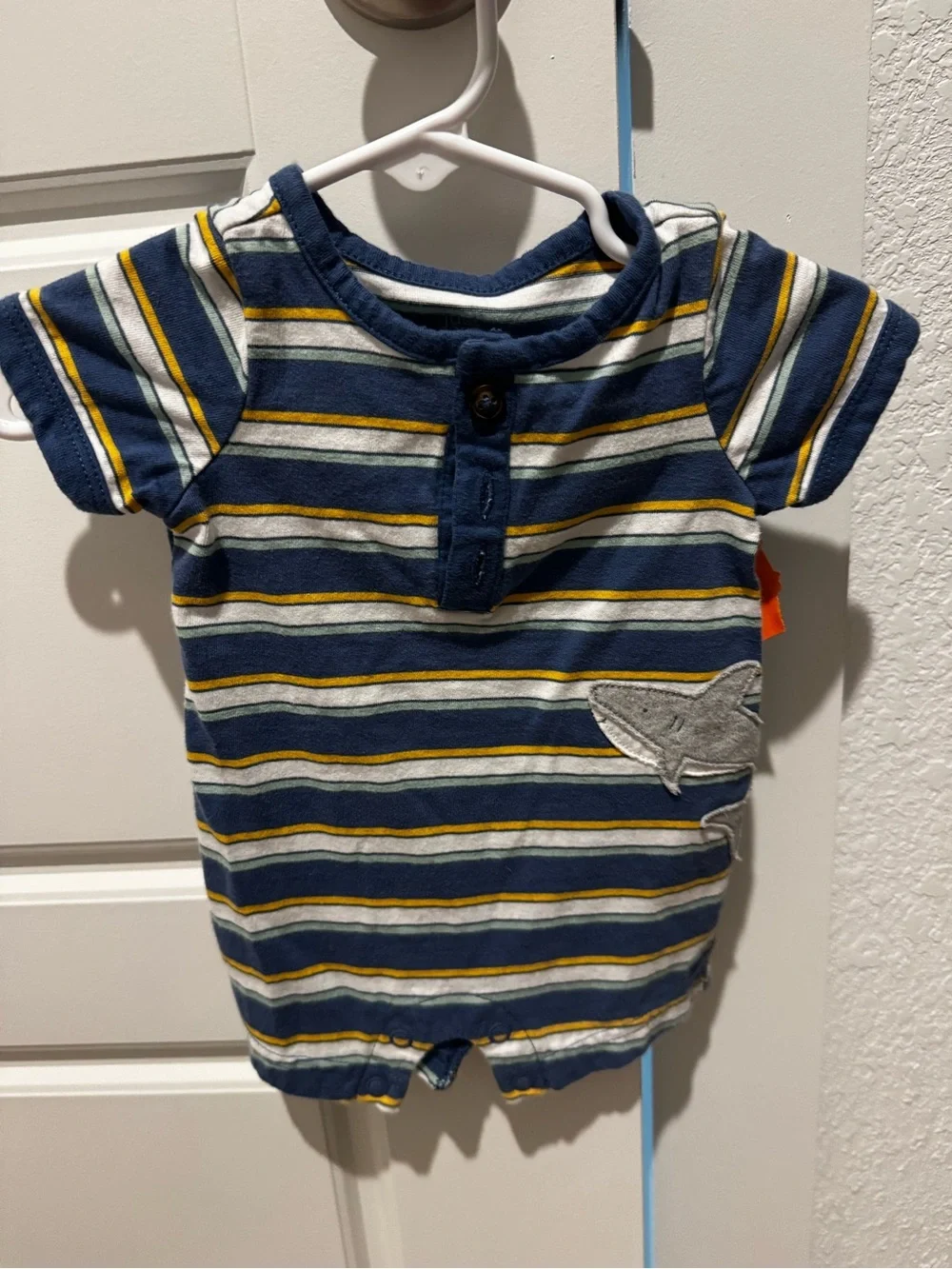 Carter's Navy, Gray & Yellow Striped Baby Romper with Shark Patch